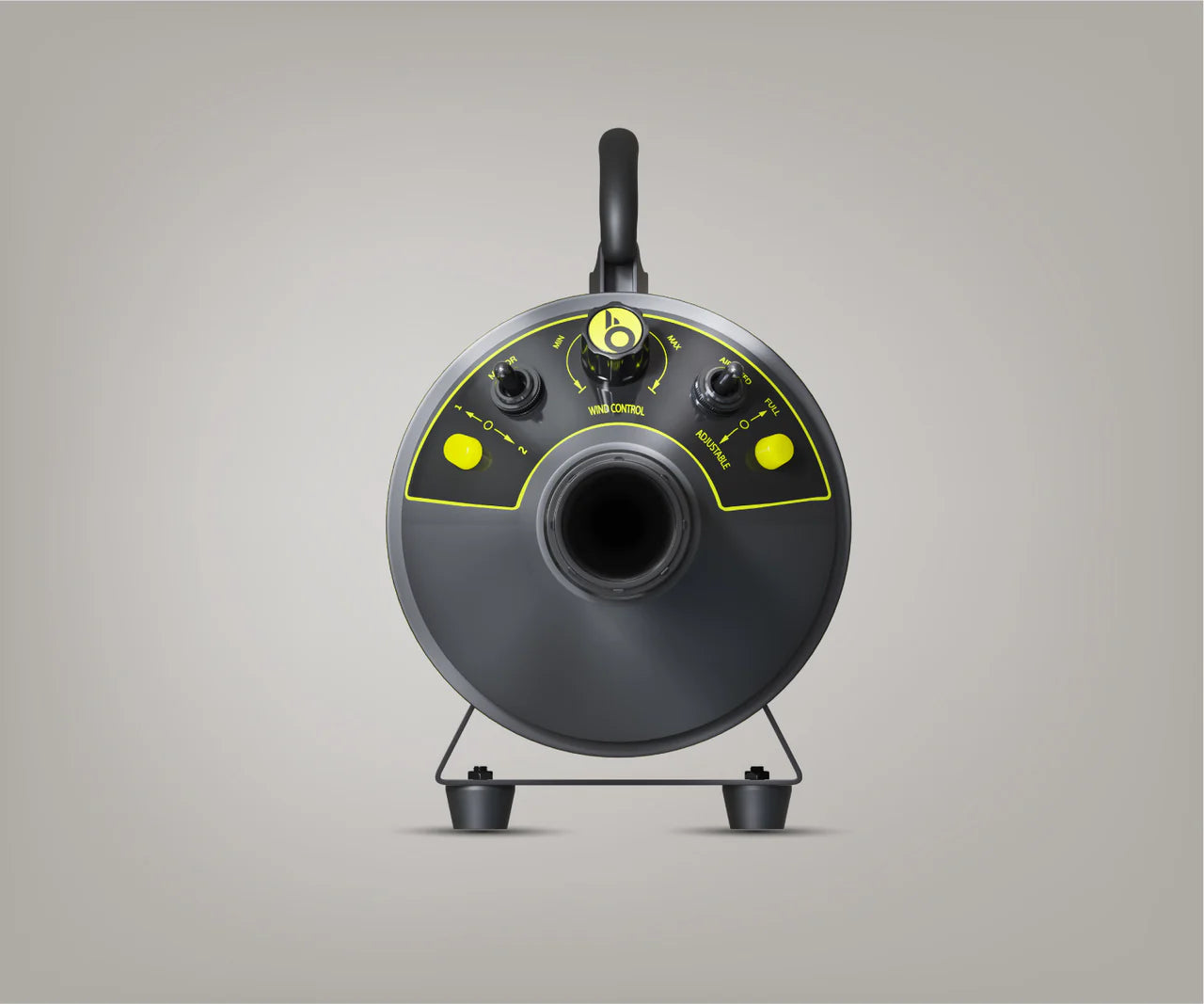 Bigboi BLOWR MINI+ front view showing twin-motor air outlet with adjustable wind control panel and anti-vibration rubber feet