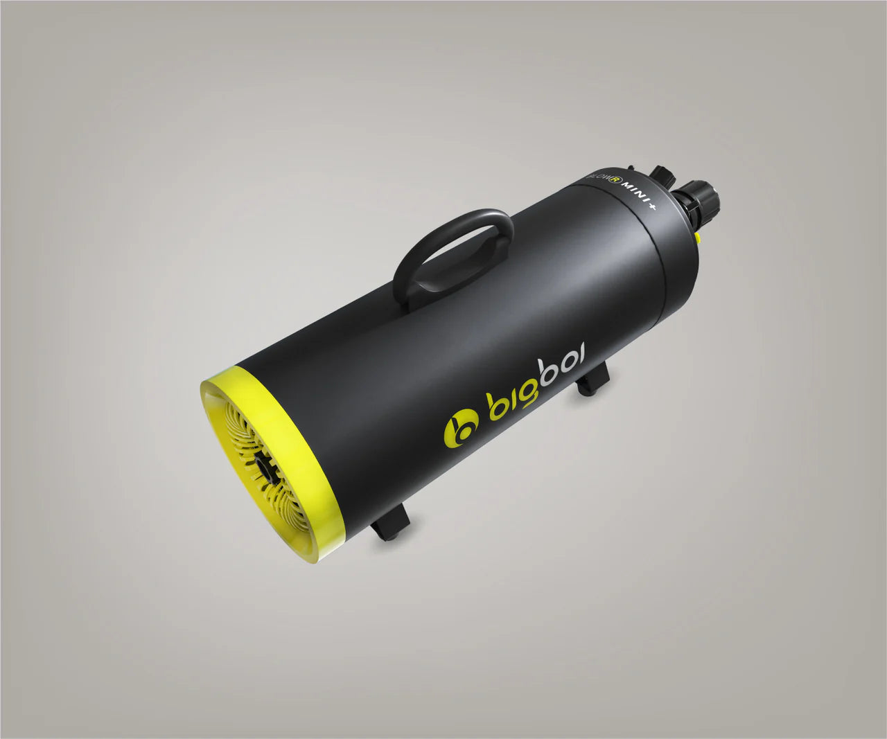 Bigboi BLOWR MINI+ top angle view with carry handle and yellow HEPA filter grille – compact portable car dryer for detailing