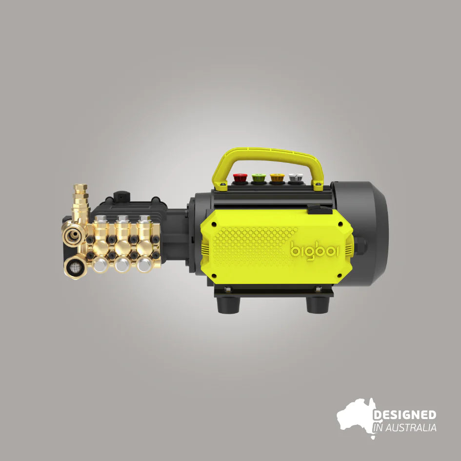 Bigboi WASHR TRADIE commercial pressure washer side view showing forged brass pump and colour-coded quick-connect nozzles