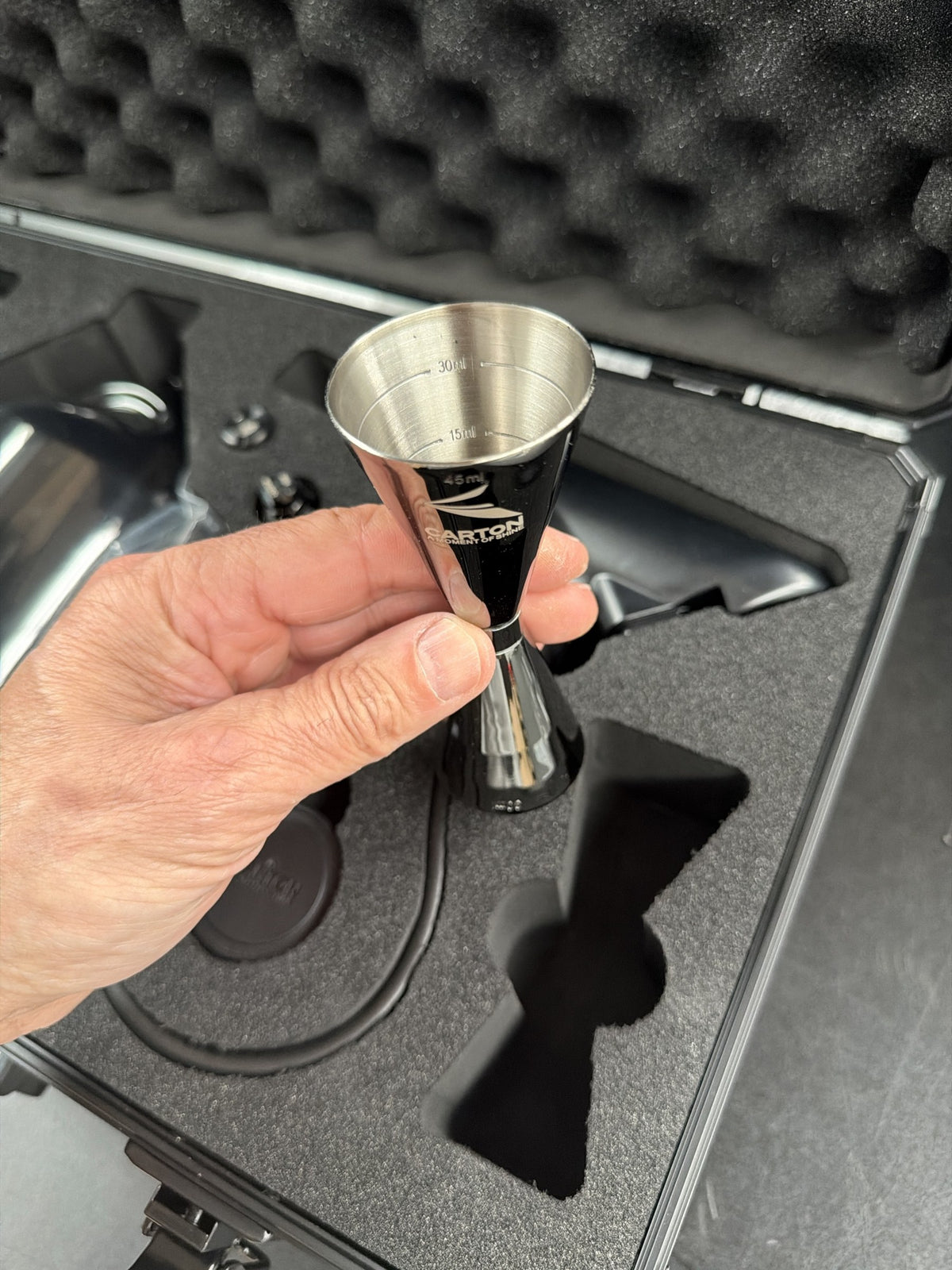 Carton Black Suit Edition stainless measuring jigger graduated 15ml, 30ml and 45ml