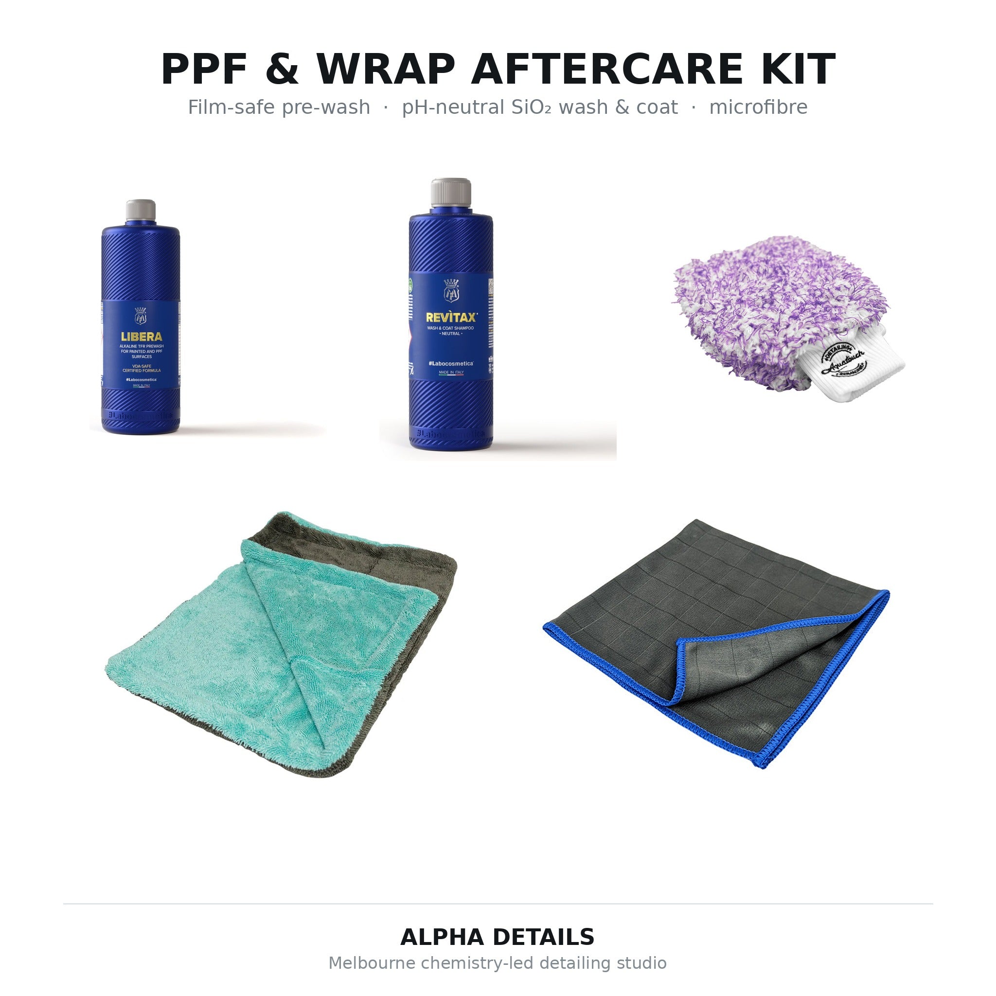 Alpha Details PPF & Wrap Aftercare Kit — Labocosmetica LIBERA film-safe pre-wash, REVÌTAX pH-neutral SiO2 wash and coat, Aquatouch BOSS wash mitt, BIG FELLA V2 drying towel and COLONEL glass cloth