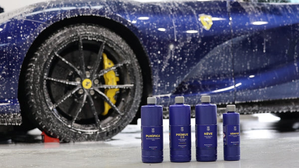 Labocosmetica Purifica, Primus 2.0, Neve and Semper in front of a foamed Ferrari at Alpha Details