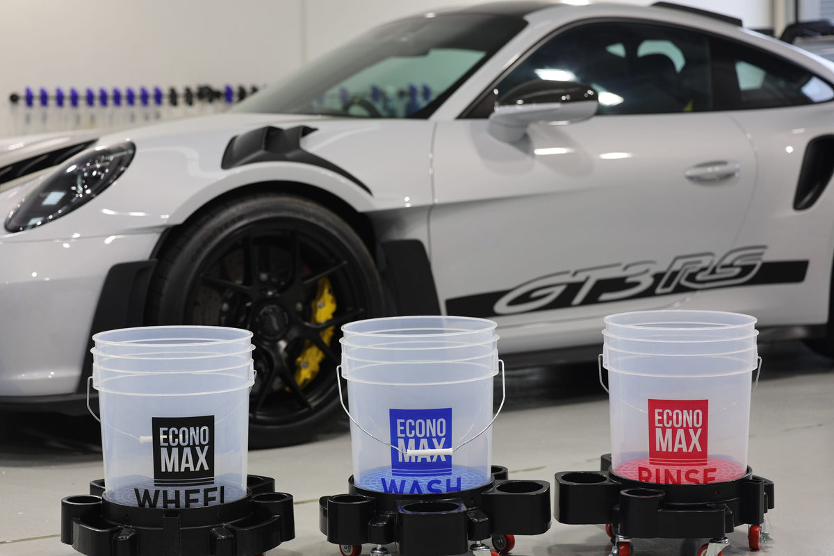 Economax Wheel, Wash and Rinse 20L buckets on rolling dollies in the Alpha Details Melbourne studio