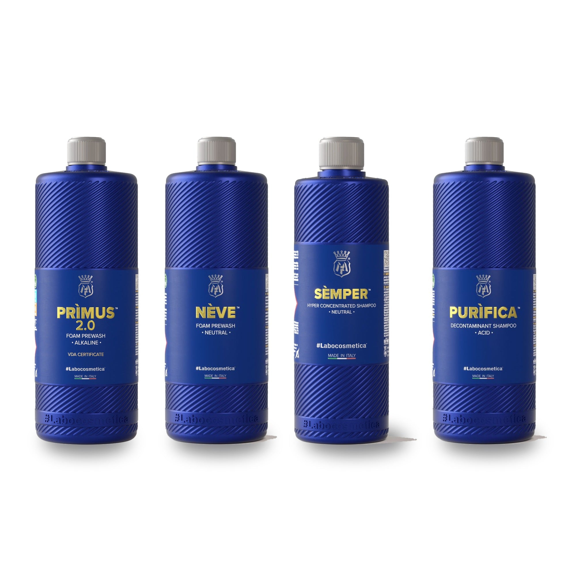 Labocosmetica 3pH Maintenance Wash System bundle — Prìmus 2.0 alkaline foam pre-wash, Neve neutral pH snow foam, Sèmper neutral hyper-concentrated shampoo and Purìfica acid decontaminant shampoo, four 1L Labocosmetica bottles