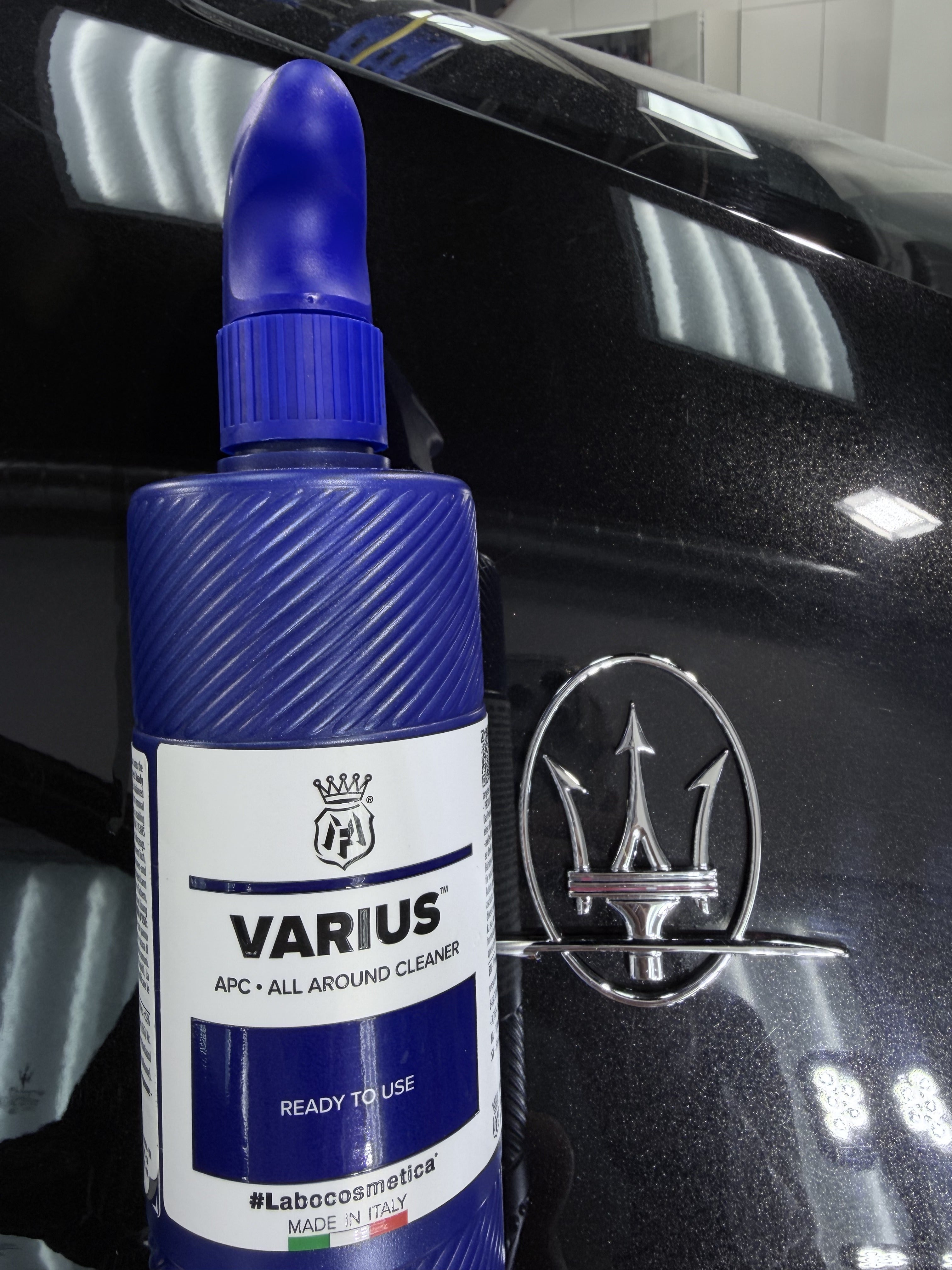 Labocosmetica VARIUS ready-to-use all purpose cleaner (APC) 500ml on black Maserati — Alpha Details Melbourne studio