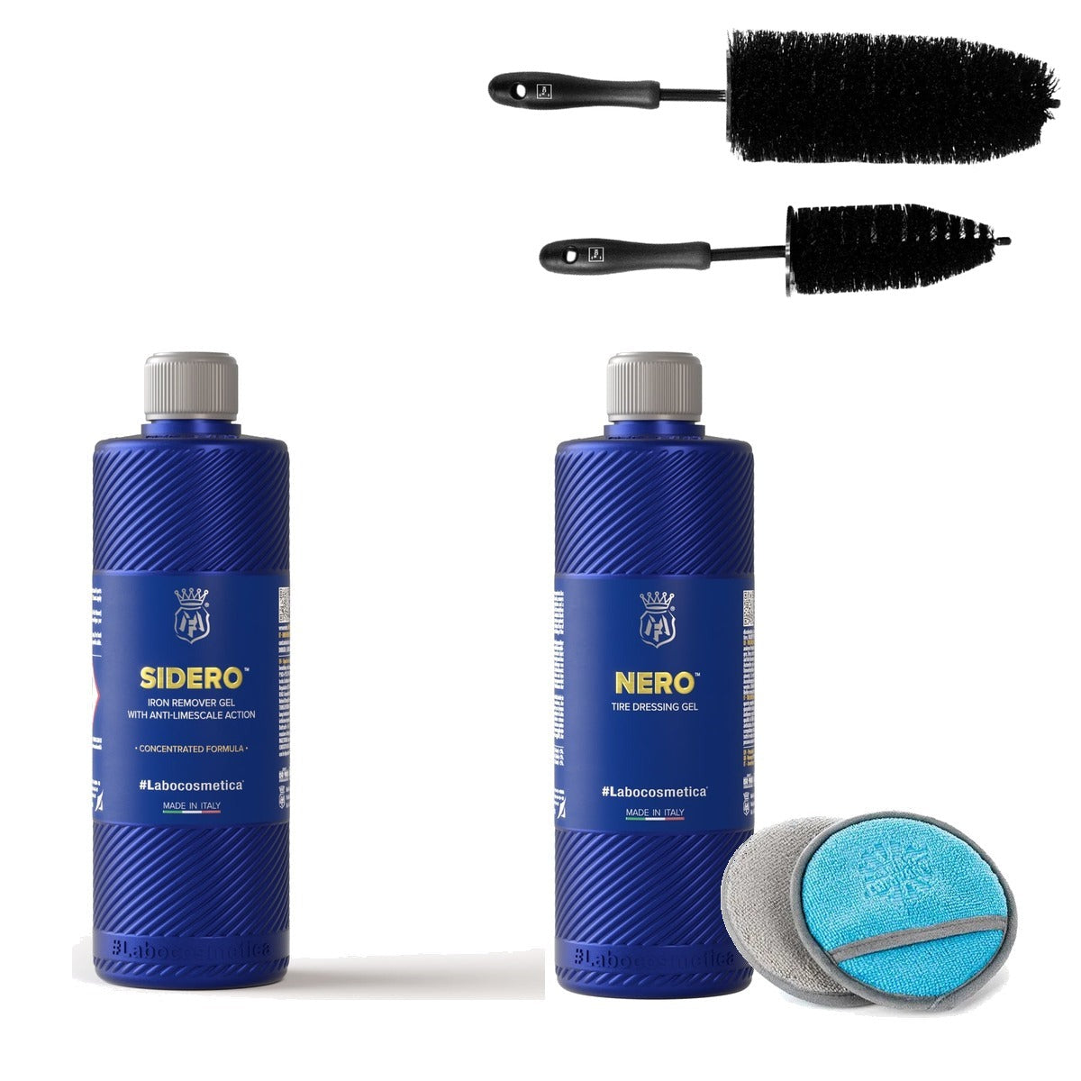 Labocosmetica Wheel & Tyre Kit contents — SIDERO iron remover, Koch Chemie wheel brush set, NERO tyre gel, no-soak applicator pads