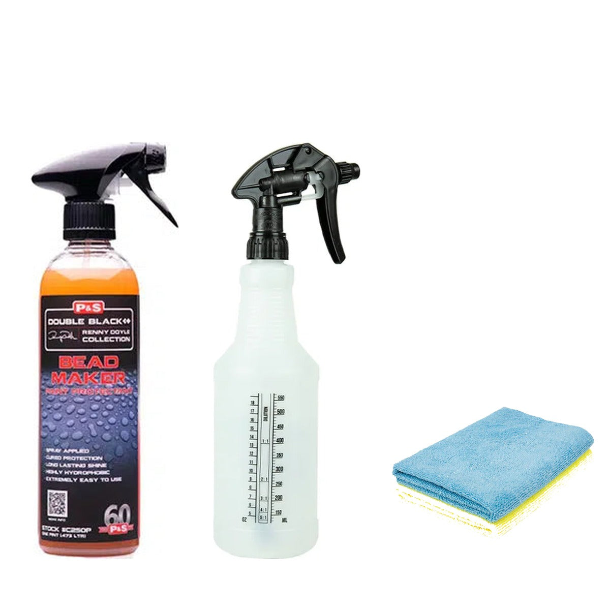P&S Bead Maker Ritual Kit contents — Bead Maker sealant, Economax dilution bottle and Rag Company Edgeless 300 towels
