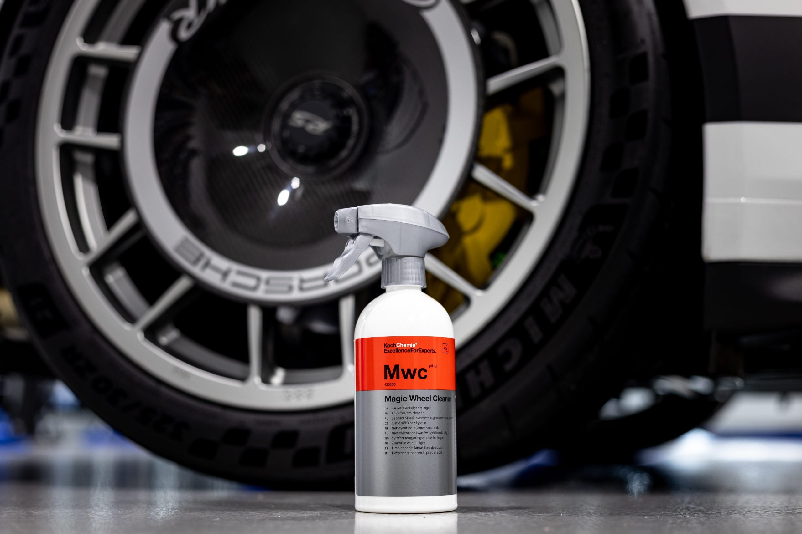 Koch Chemie Magic Wheel Cleaner clinging to an alloy wheel face - Alpha Details