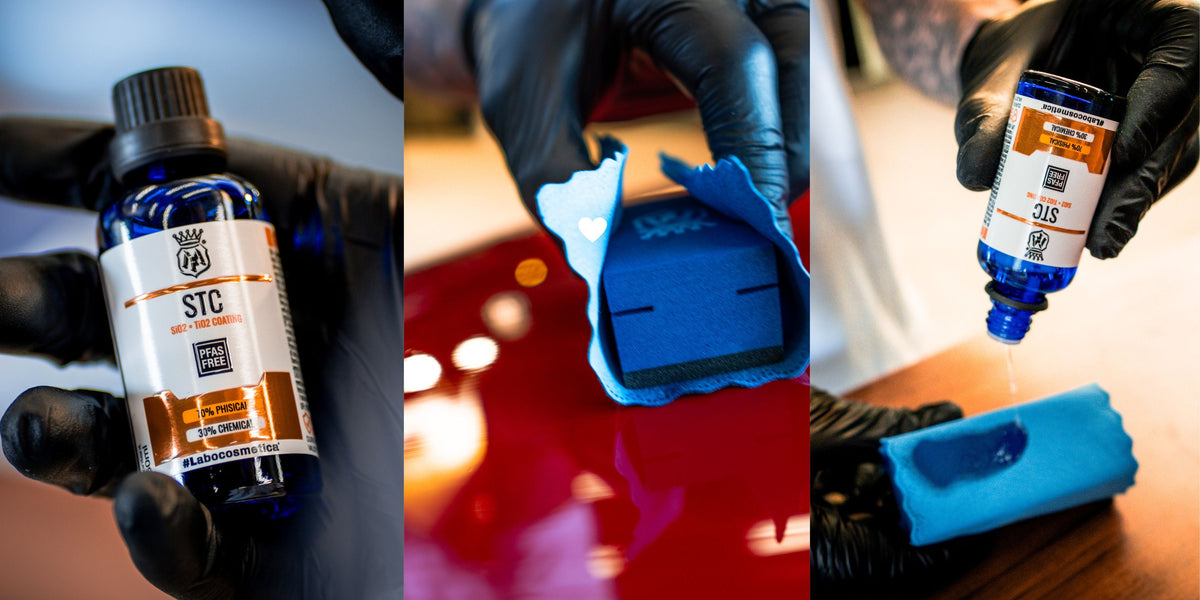 Labocosmetica STC bottle and blue applicator being used on red paintwork at Alpha Details Melbourne