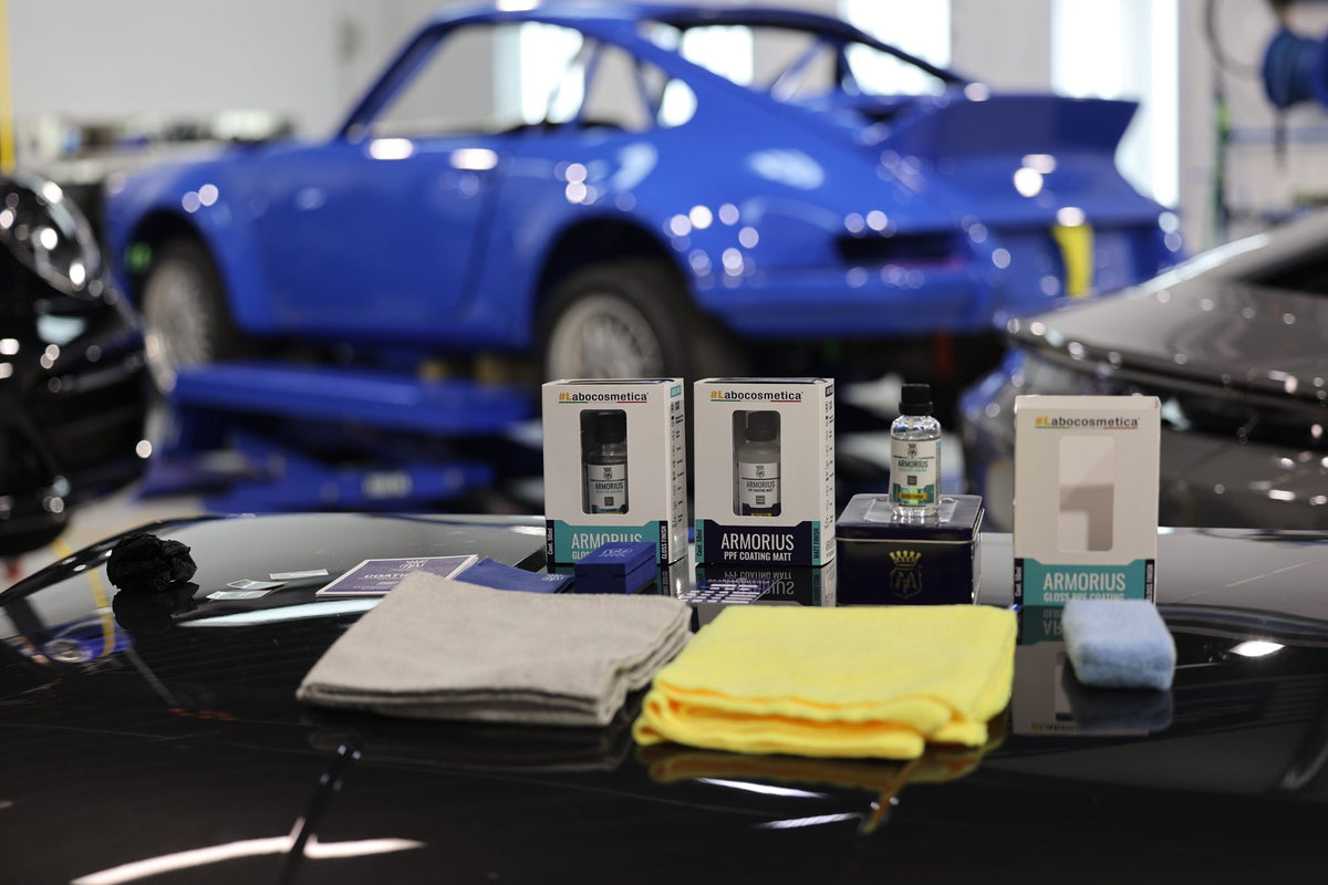 Blue Porsche 911 with Alpha Details car care kits and microfibre