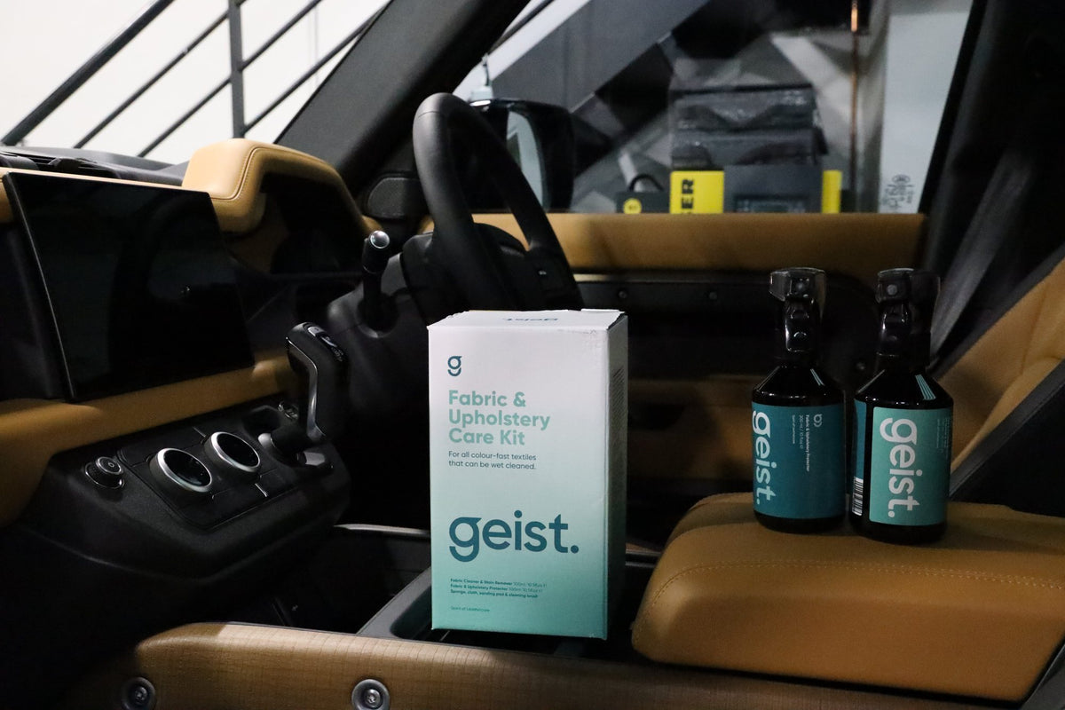 Geist leather care products on tan leather seats at Alpha Details