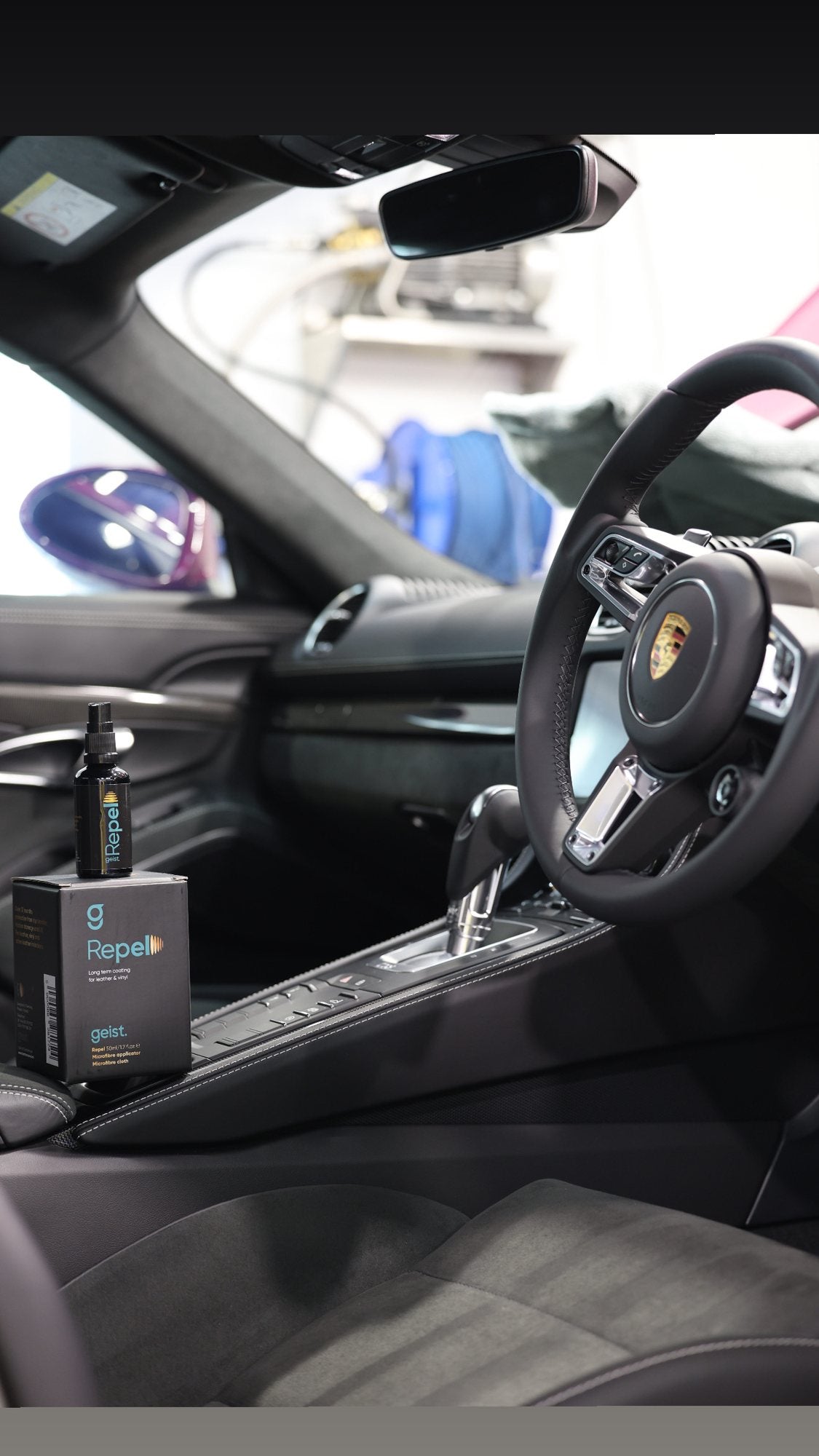 Interior detailing product on a Porsche seat at Alpha Details
