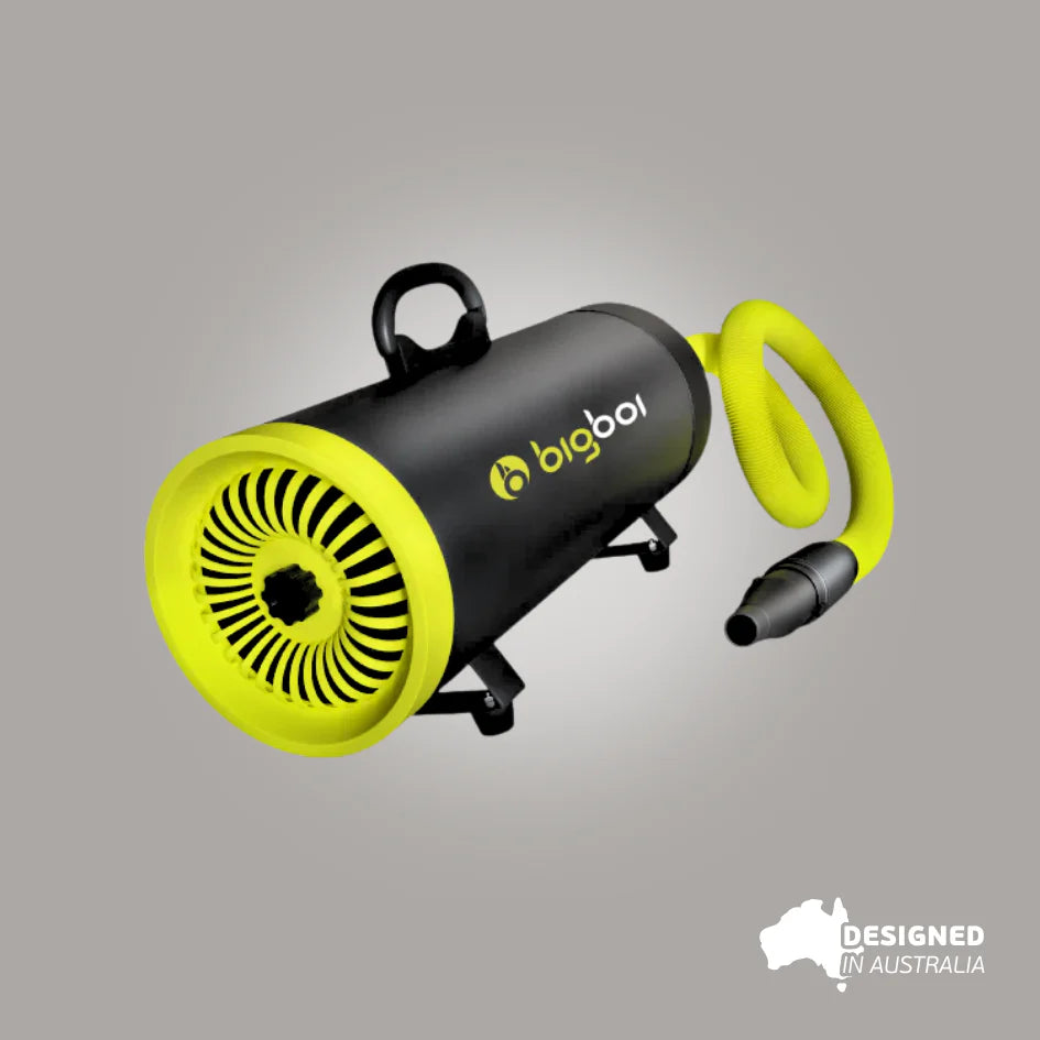Bigboi BLOWR MINI+ twin-motor touchless car dryer with yellow coiled hose and dual fan outlets – designed in Australia