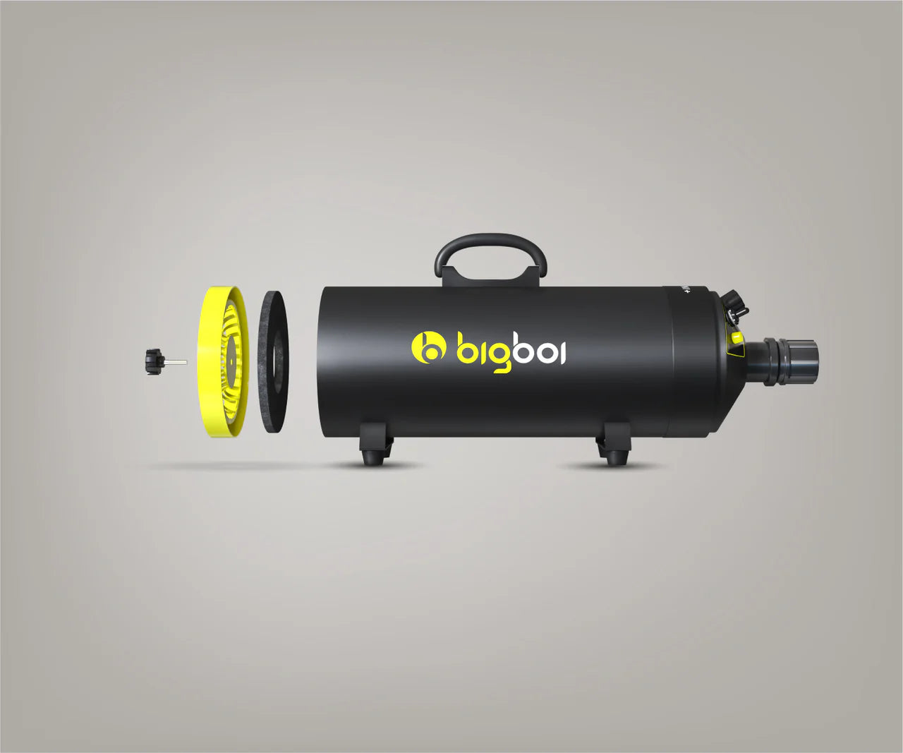 Bigboi BLOWR MINI+ exploded view showing removable HEPA filter assembly and twin-motor internal layout for easy maintenance