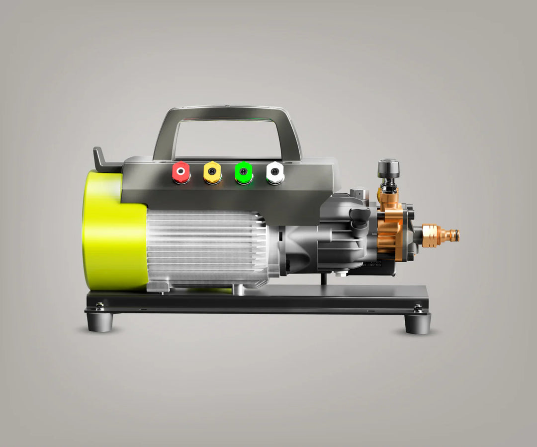 Bigboi WASHR DUO rear view showing brushless motor colour-coded nozzle storage and brass fittings