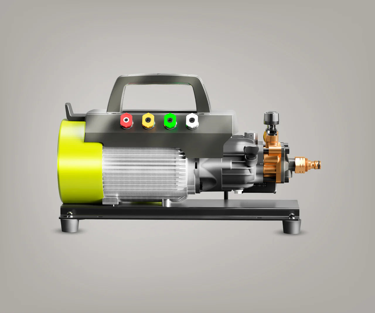 Bigboi WASHR DUO rear view showing brushless motor colour-coded nozzle storage and brass fittings