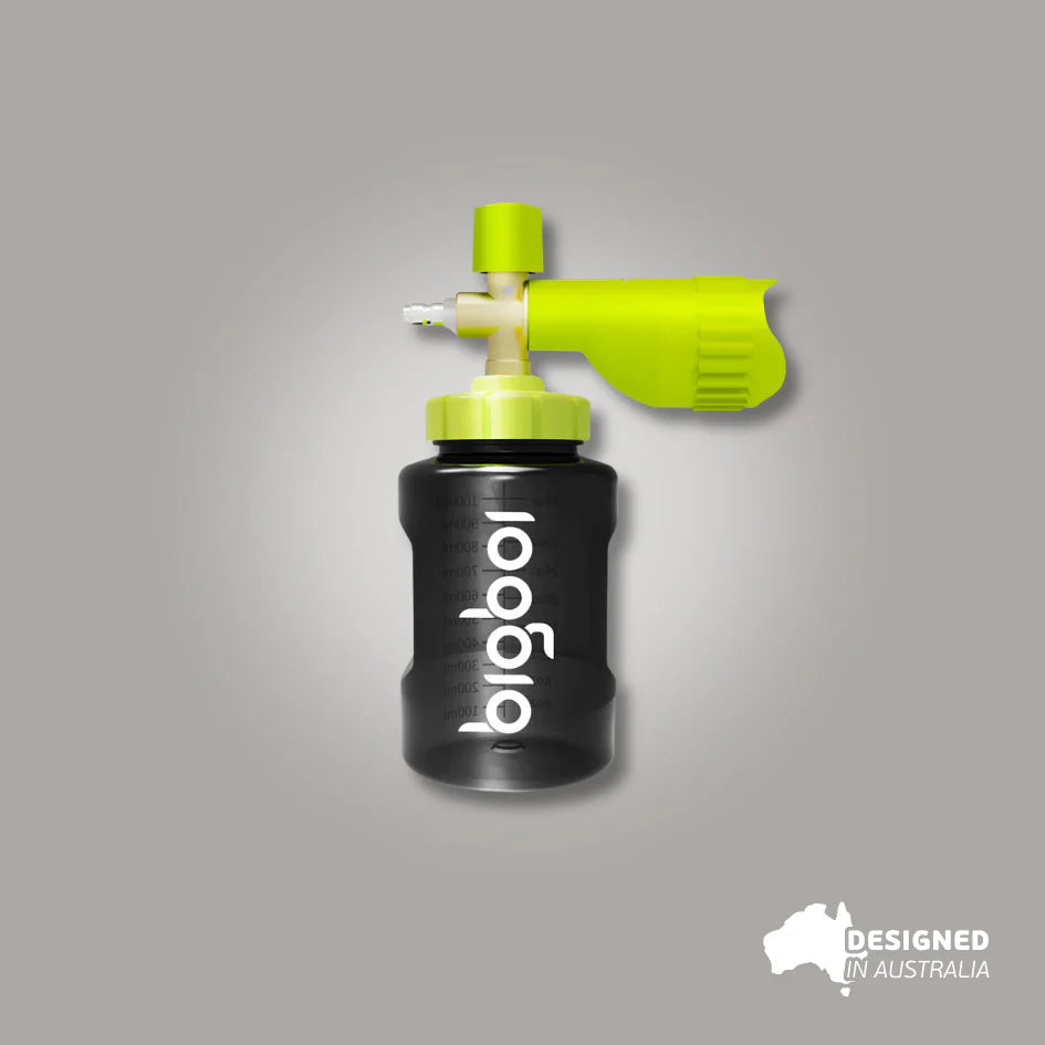 Bigboi branded snow foam cannon with black bottle and yellow adjustable nozzle included with WASHR TRADIE