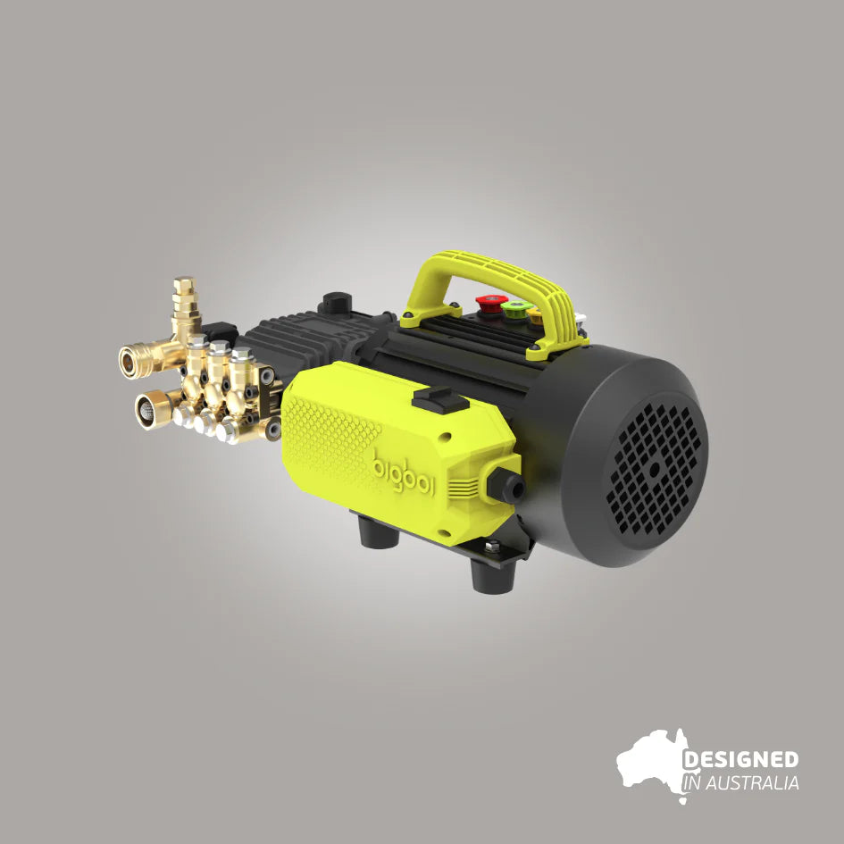 Bigboi WASHR TRADIE portable pressure washer rear angle showing motor cooling fan and brass pump assembly