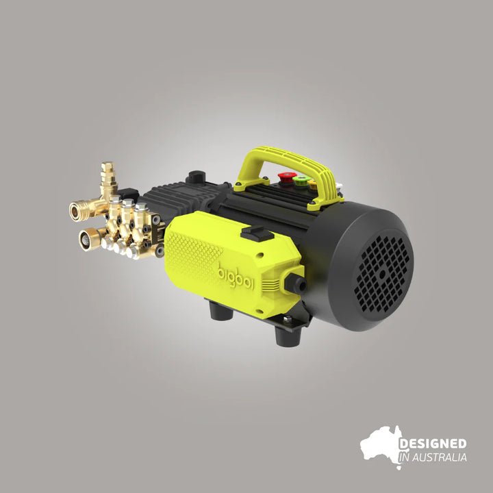 Bigboi WASHR TRADIE portable pressure washer rear angle showing motor cooling fan and brass pump assembly