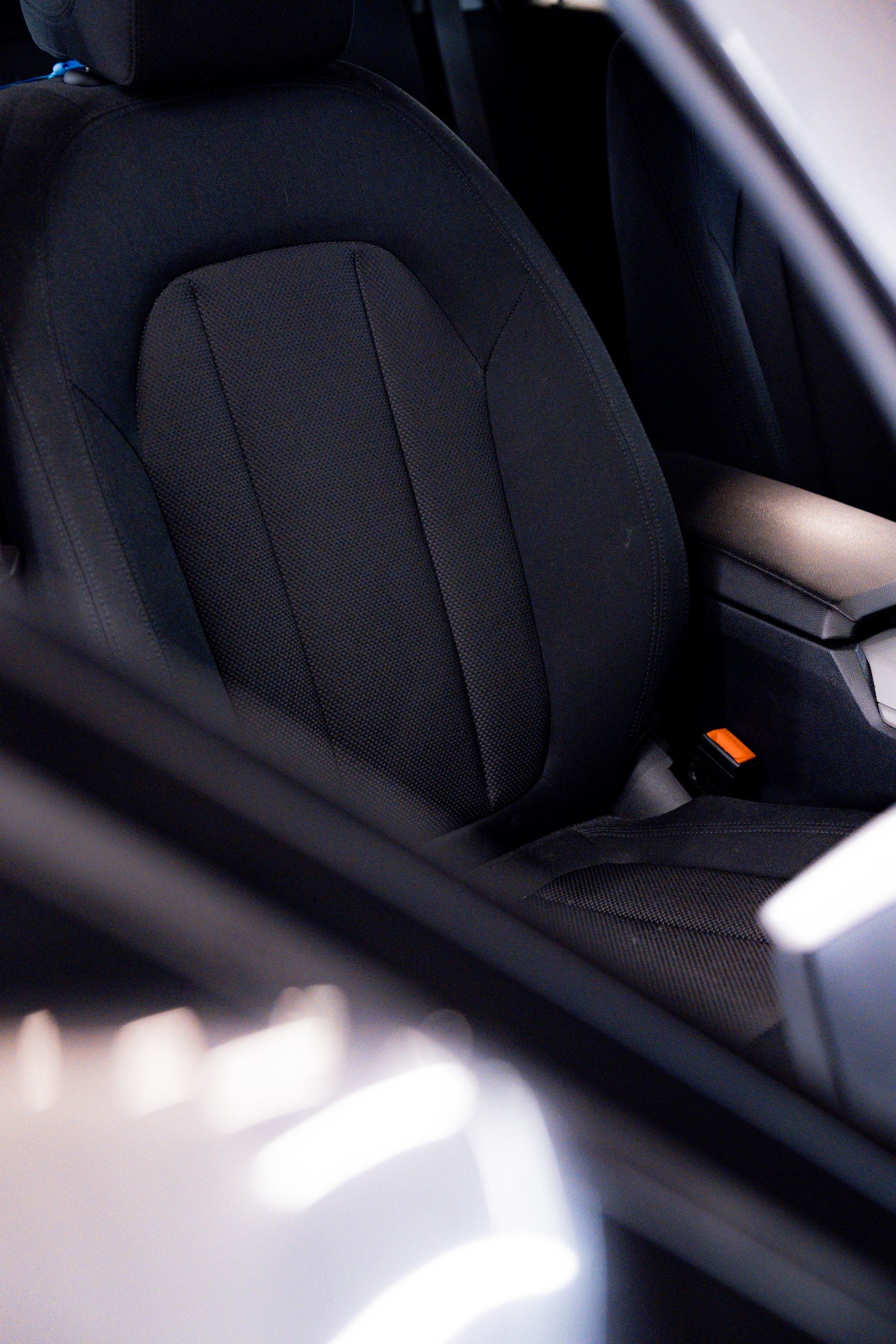 Detailer agitating Labocosmetica TEXIA into car carpet with a brush