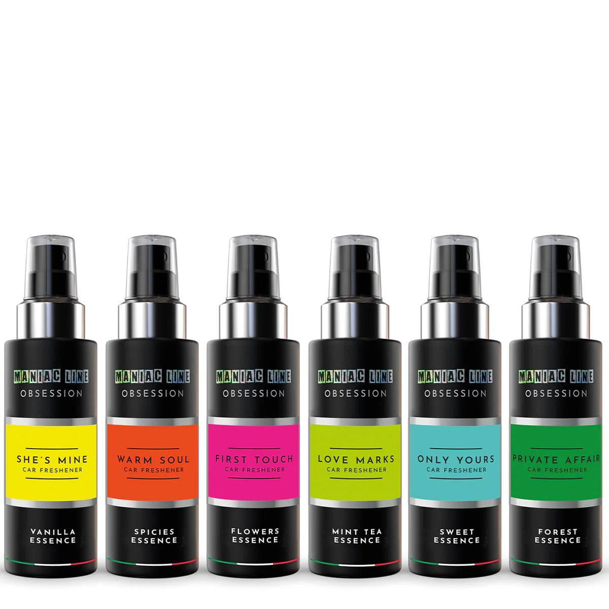 Maniac Line Obsession car fragrance spray full range showing all 6 scents – She's Mine Vanilla, Warm Soul Spices, First Touch Flowers, Love Marks Mint Tea, Only Yours Sweet, Private Affair Forest
