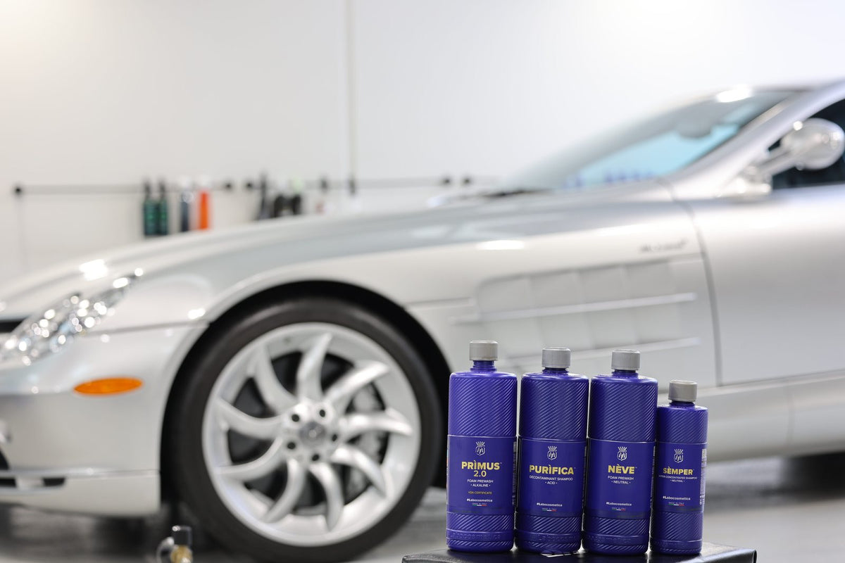 Labocosmetica Prìmus 2.0, Purìfica and Sèmper — the 3pH wash lineup — beside a silver Mercedes SLR at the Alpha Details studio, Melbourne