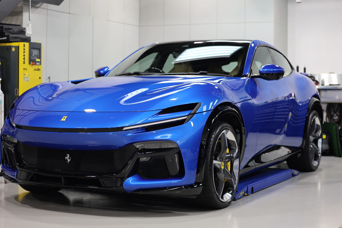 Blue Ferrari in the Alpha Details studio, Heidelberg West