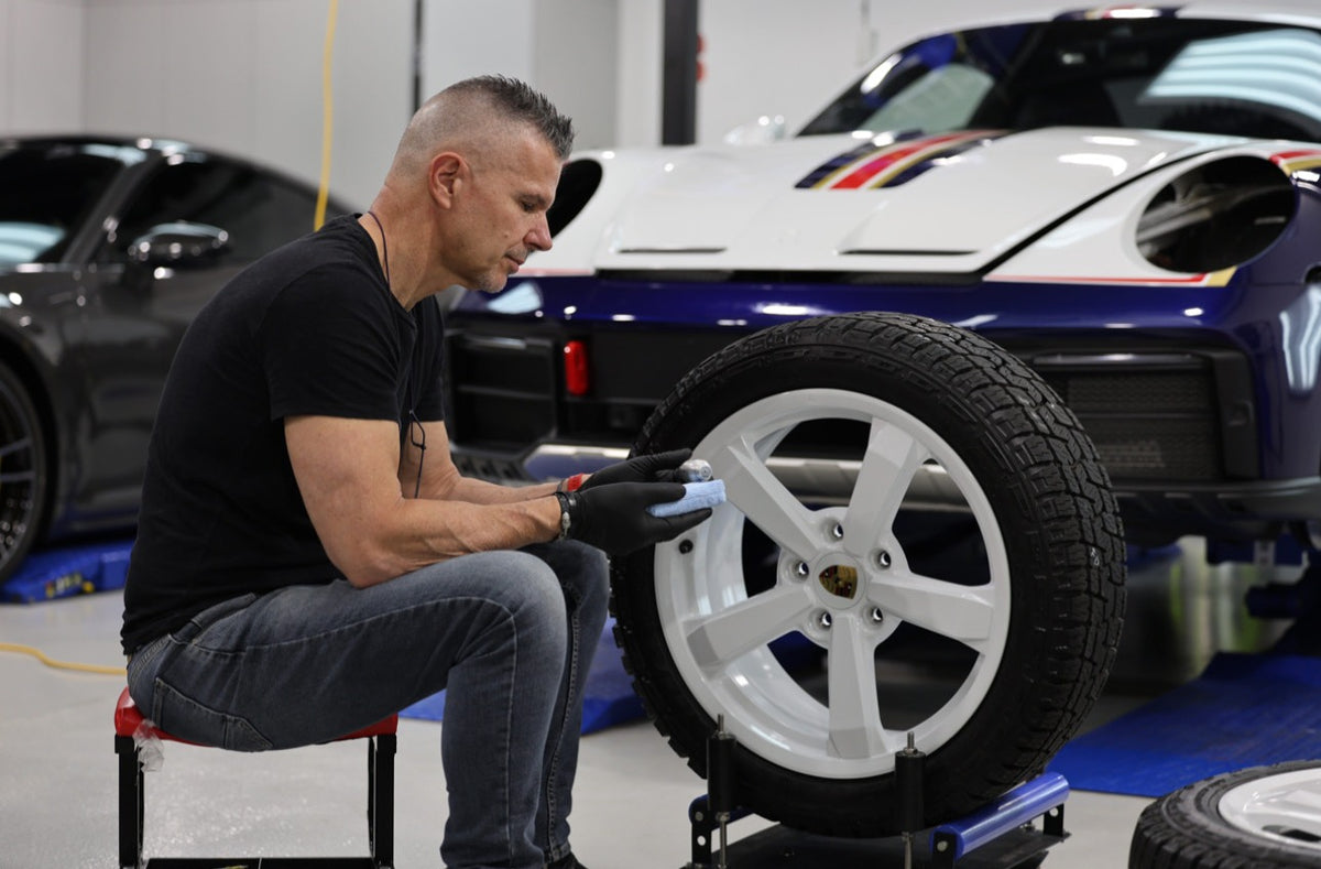 Feynlab Wheel & Caliper being applied to a Porsche wheel at the Alpha Details studio