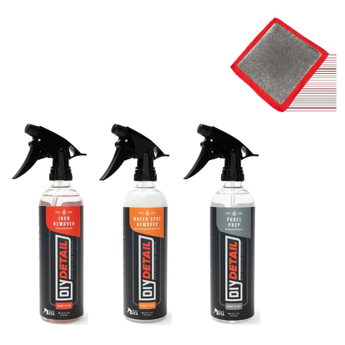 DIY Detail Full Decon Kit contents — Iron Remover, Water Spot Remover, Panel Prep and Fine Grade Clay Towel