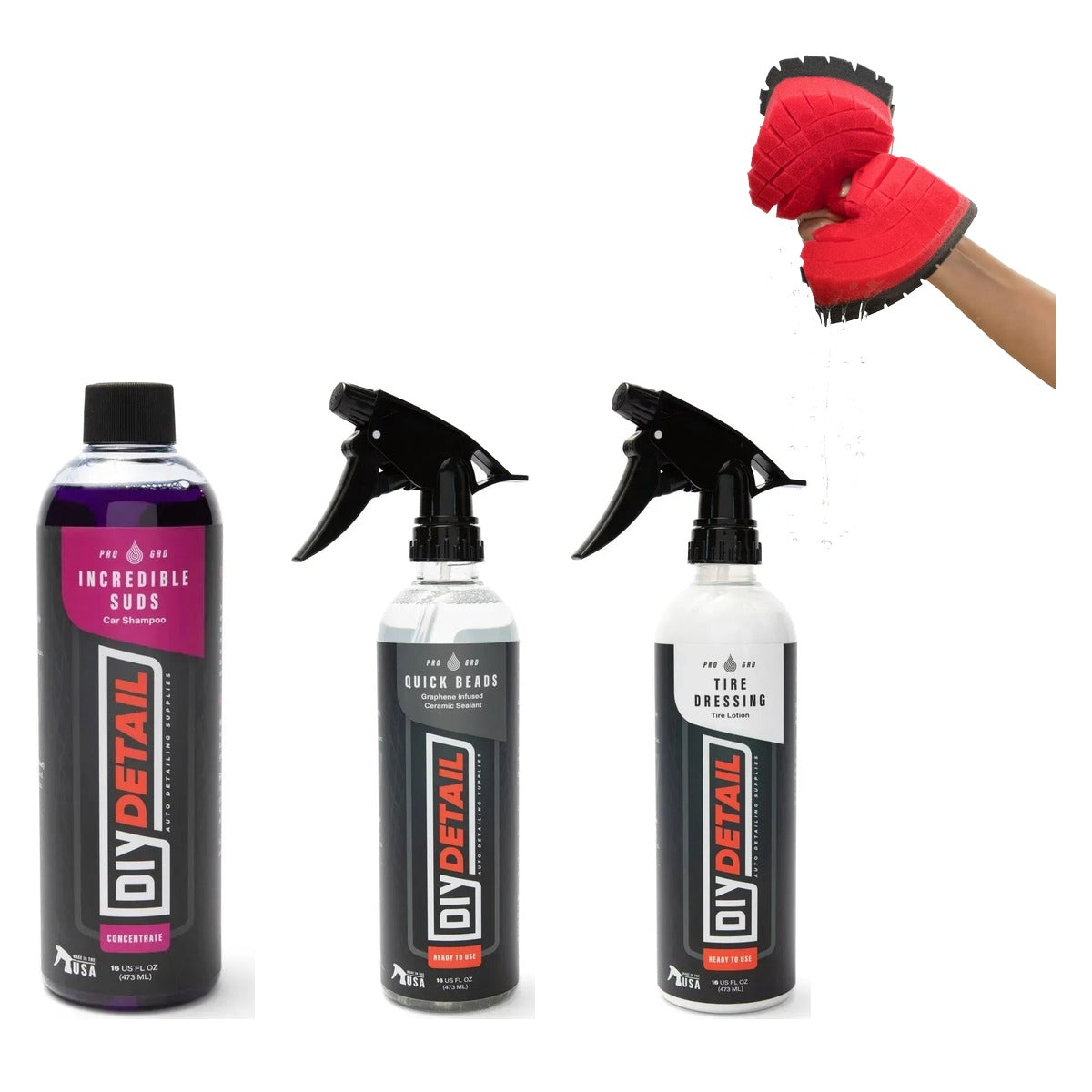 DIY Detail Wash Day Kit contents — Incredible Suds shampoo, Quick Beads spray sealant, Tyre Dressing and The Legacy sponge