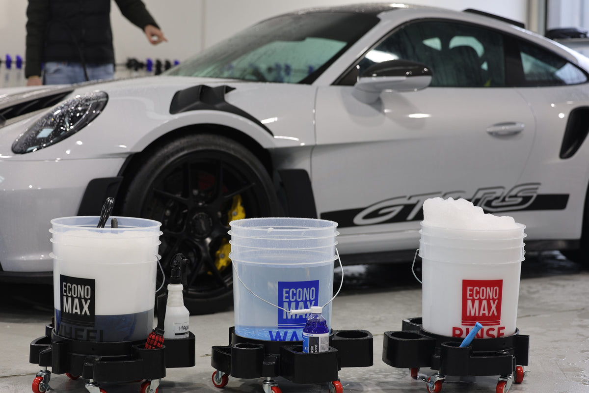 Economax Wash, Rinse and Wheel buckets set up beside a Porsche 911 GT3 RS at Alpha Details