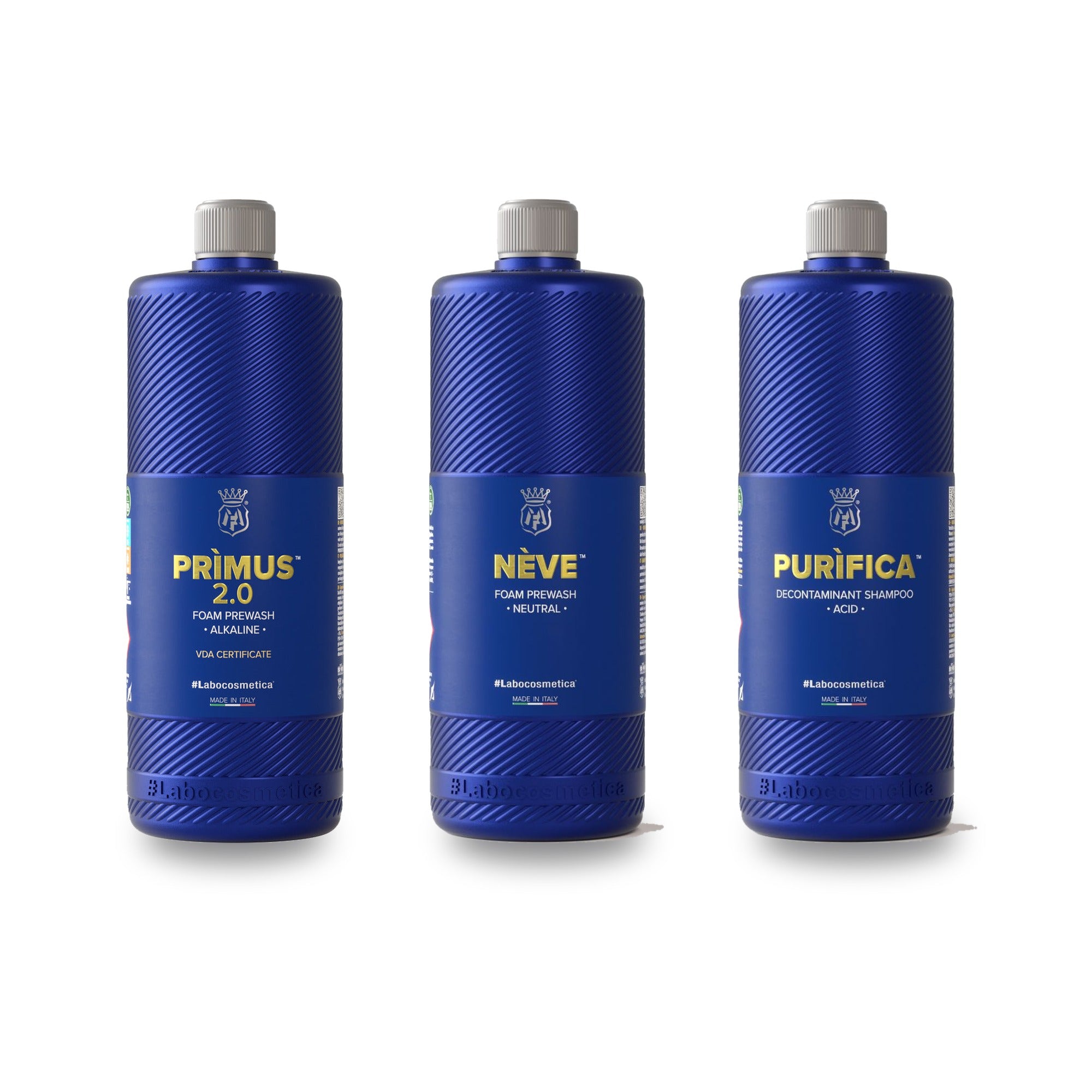 Labocosmetica 3pH Wash Foam Package — Prìmus 2.0 alkaline foam pre-wash, Neve neutral pH snow foam and Purìfica acid foam pre-wash, three 1L Labocosmetica snow foam bottles