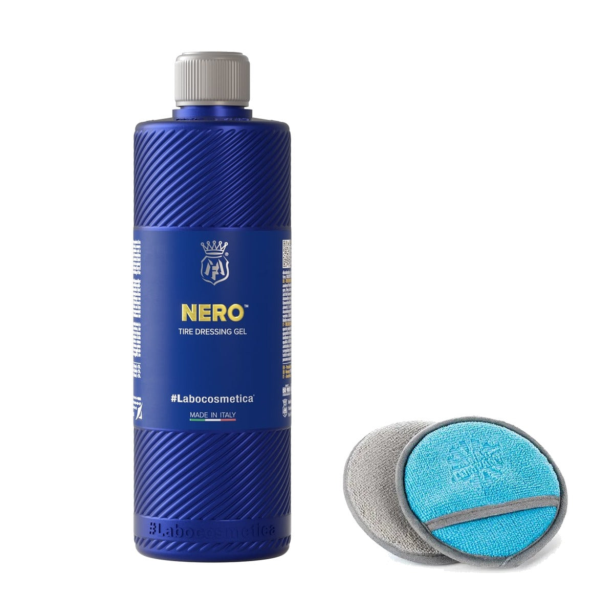 Labocosmetica Tyre Dressing Kit contents — NERO matte tyre dressing gel and Rag Company no-soak applicator pads