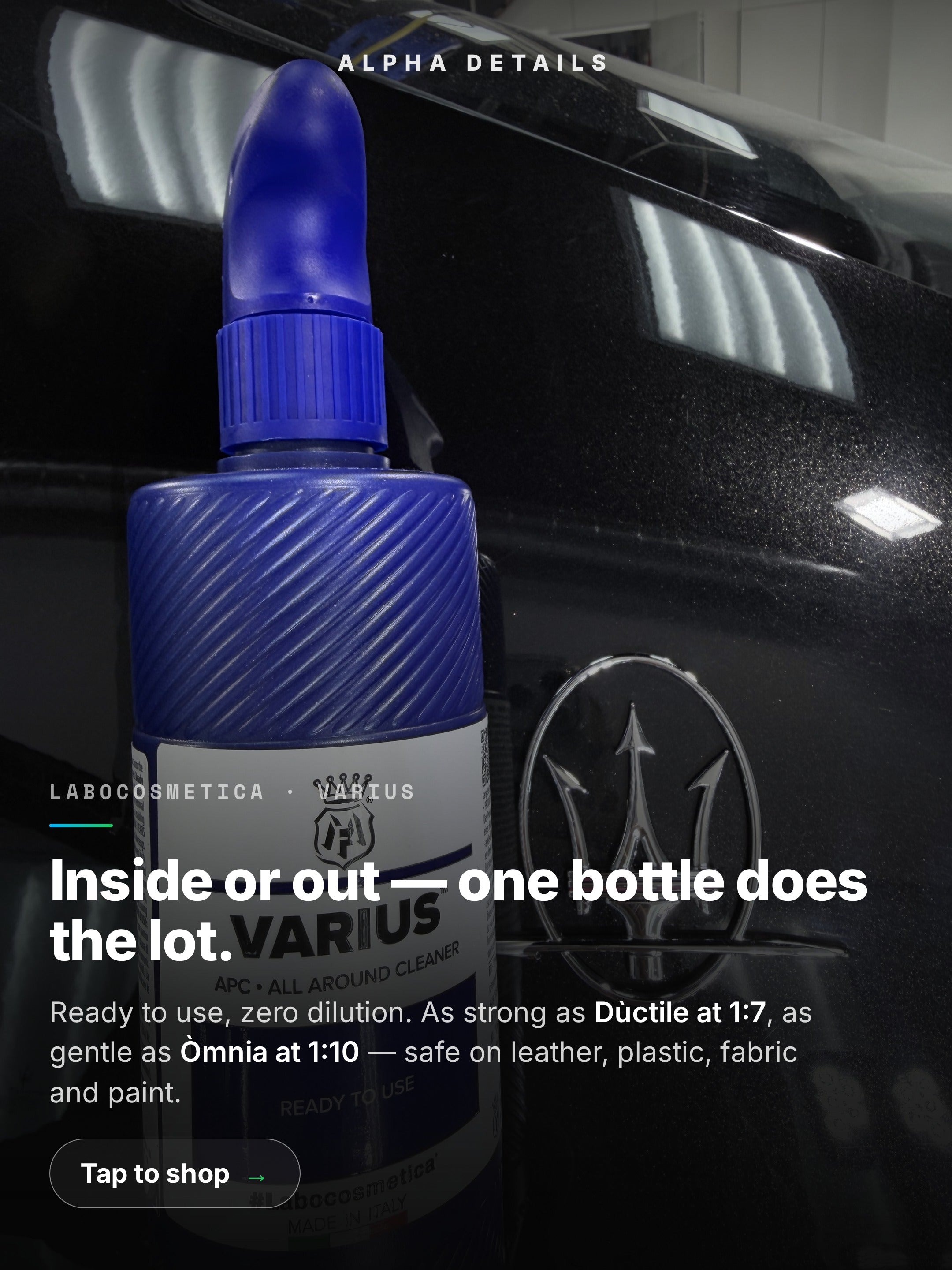 Labocosmetica VARIUS APC all-around cleaner for interior and exterior detailing, ready to use, safe on leather plastic fabric and paint — Alpha Details Melbourne