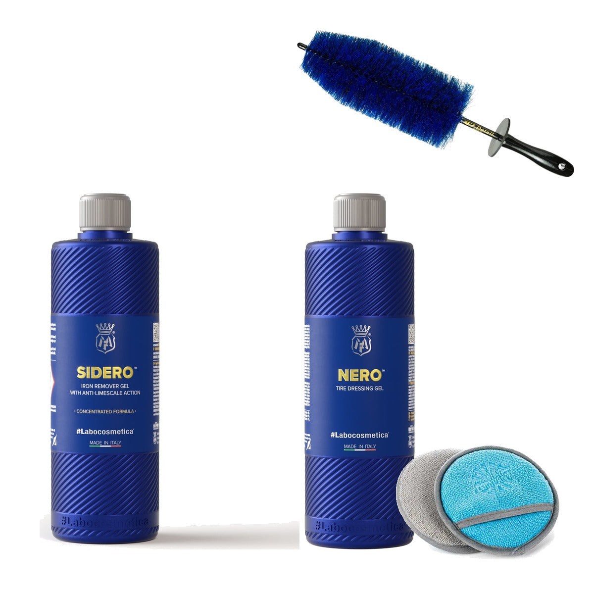 Labocosmetica Wheel & Tyre Kit contents — SIDERO iron remover, Big EZ wheel brush, NERO tyre gel, no-soak applicator pads