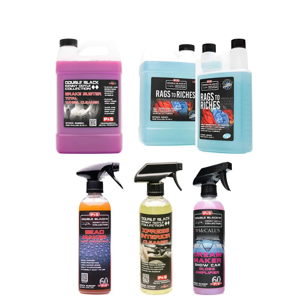 P&S Maintenance Five 90% Kit contents — Bead Maker, Brake Buster, Xpress Interior Cleaner, Dream Maker and Rags to Riches