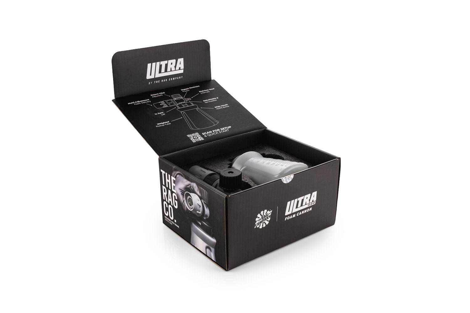Ultra H2O Foam Cannon packaging opened showing the cannon and included 1.1 and 1.25 orifices