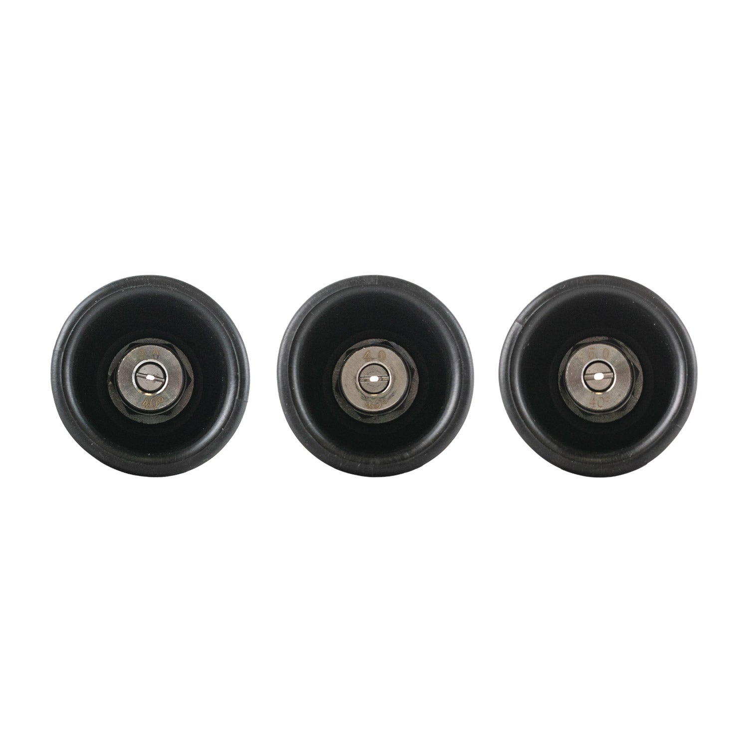 Ultra H2O 40 degree nozzles in 3.0, 4.0 and 5.0 orifice sizes shown face on for comparison