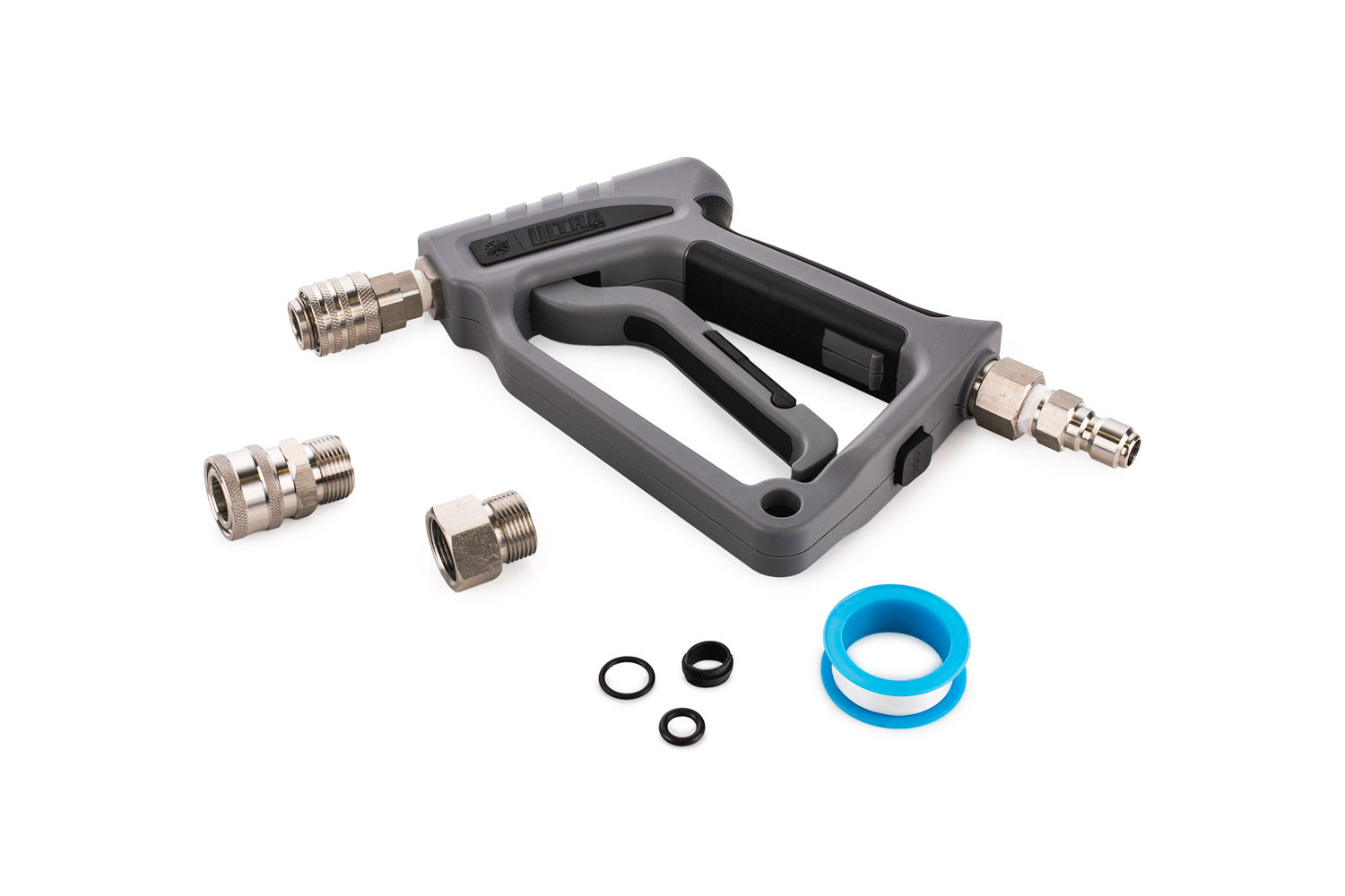 Ultra H2O Spray Gun box contents including autolock quick disconnect, M15 to M22 adapter, female hose fitting and thread seal tape