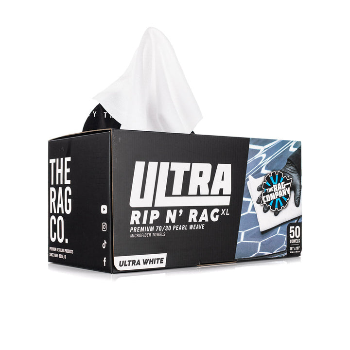 The Rag Company Ultra Rip N' Rag XL microfibre towels in White — 50-count box with white towel visible, available at Alpha Details Australia.